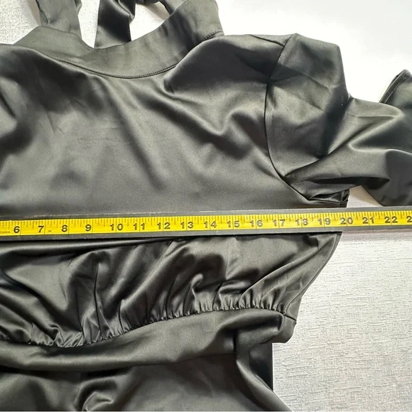 NWT Commense Satin Mock Neck Tie Back Black Short Dress Size Medium - Picture 8 of 13